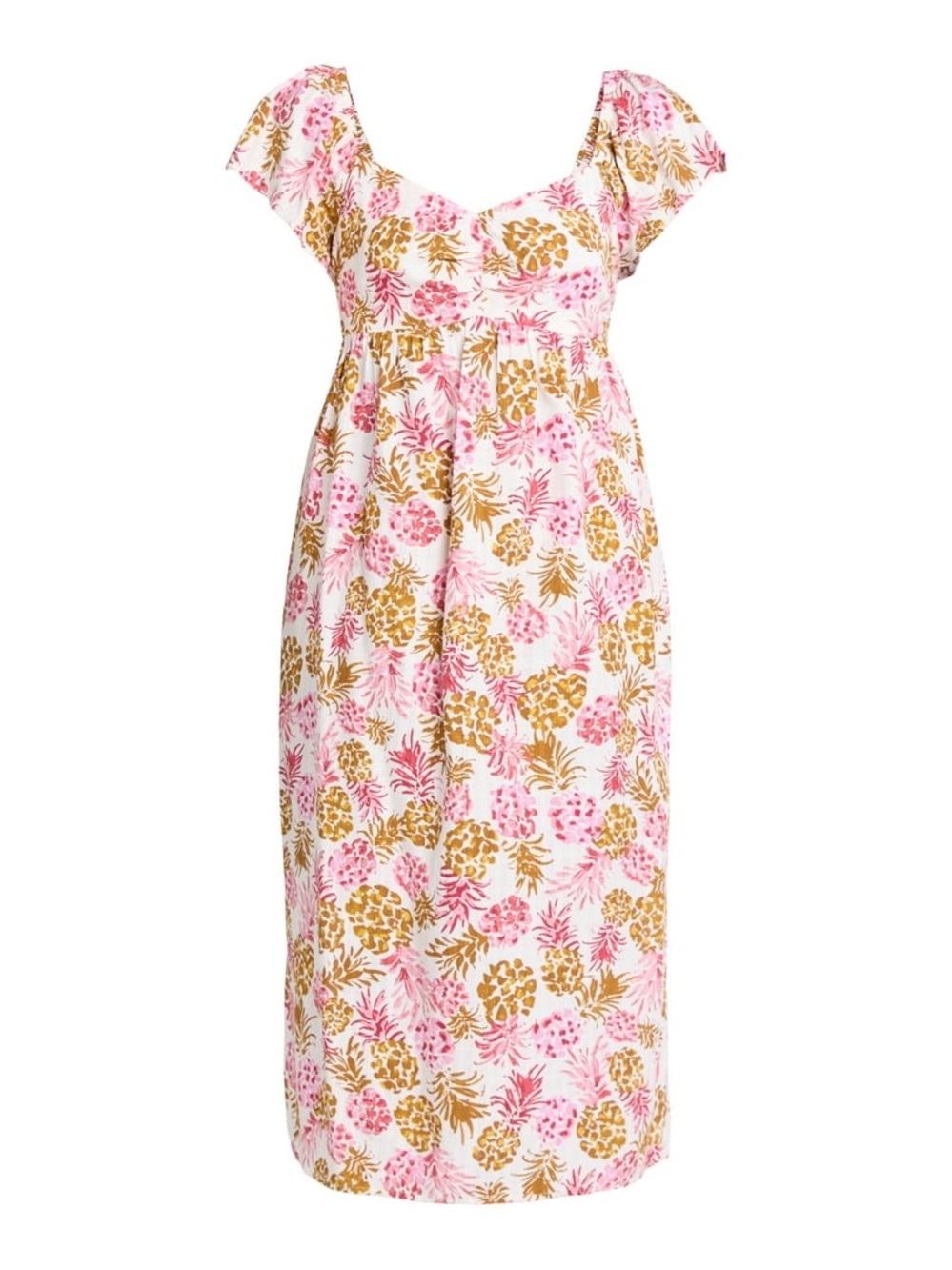 Flutter Sleeve Tropical Pink Pansy Pineapple Midi Dress Medium